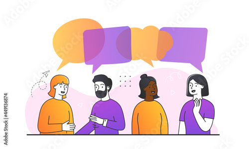 People dialog concept. Different people communicate with each other. Dialog bubble above your head. Discussion of the project details. Cartoon flat vector illustration isolated on white background