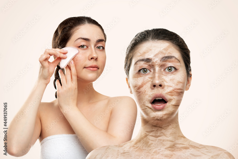 Portrait of a surprised woman with big wrinkles on her face and dry skin, and a beautiful woman doing a gua sha massage. Before and after. The concept of rejuvenation and skin care Portrait of a surprised woman with big wrinkles on her face and dry skin, and a beautiful woman doing a gua sha massage. Before and after. The concept of rejuvenation and skin care