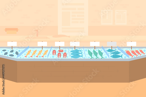 Market stall with seafood flat color vector illustration. Buying fresh and frozen fish products at supermarket. Grocery store. Marketplace 2D cartoon interior with freezer sections on background