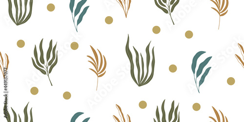 Seamless pattern background with abstract hand drawn plant silhouette, dots on white. Tropical foliage palm tree branch minimalist line art drawing. Vector boho minimalist floral backdrop texture.
