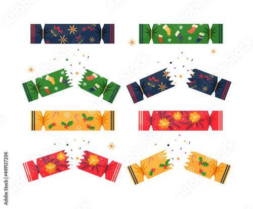 Set with colorful christmas crackers on white background. Concept of festive crackers full of colorful confetti. Christmas template for creative use. Flat cartoon vector illustration