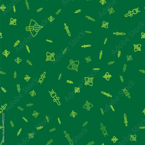 Set line Battle crossbow with arrow, Torch flame and Medieval sword on seamless pattern. Vector