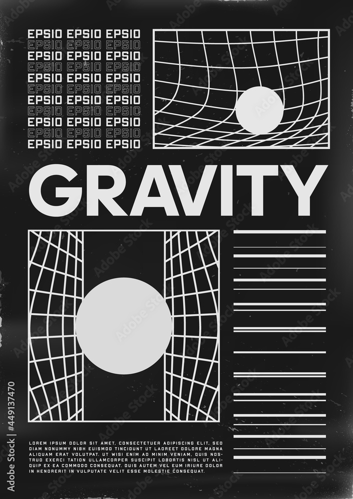 Retrofuturistic poster design. Cyberpunk 80s style poster with GRAVITY title and illustrations of distorted space. Shabby scratched flyer template for your design. Vector