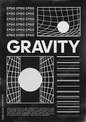 Obraz na płótnie Retrofuturistic poster design. Cyberpunk 80s style poster with GRAVITY title and illustrations of distorted space. Shabby scratched flyer template for your design. Vector w salonie