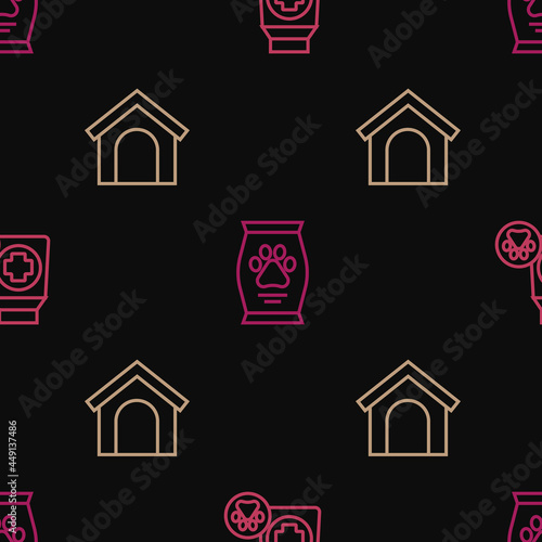 Set line Bag of food, Dog house and on seamless pattern. Vector