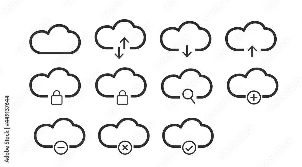 Obraz premium Digital Cloud Icon Set. Vector isolated black and white editable illustration of computing cloud icons