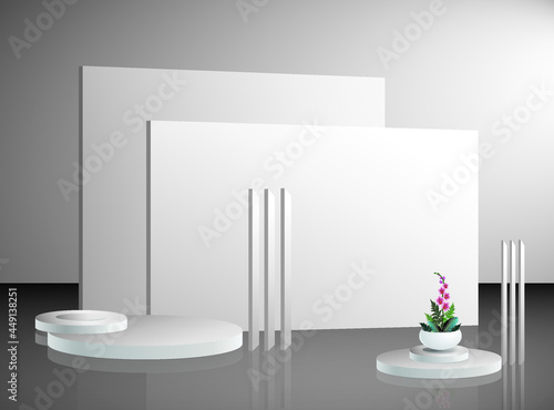 Product white round podiums, on one of which there is a vase with an orchid and leaves of tropical plants against the background of the same white walls. Vector illustration. 