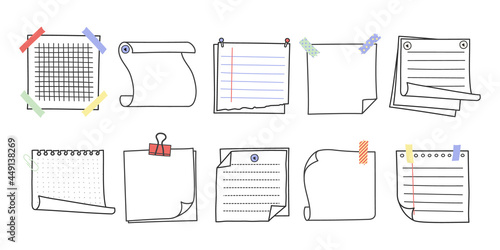 Doodle hand drawn memo notes and reminders vector illustration set. Simple drawing doodle style sketches of square paper sheets with curved corners cute diary design with clip, pins and duct tape.