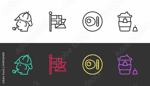 Set line Sherlock Holmes, England flag on flagpole, British breakfast and Coffee cup to go on black and white. Vector