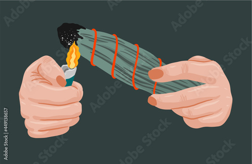 Vector illustration. Burning sage for wicca witch rituals. Cleansing of the house and more. 