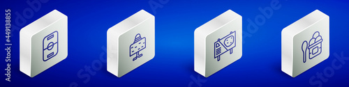 Set Isometric line Hockey table, Magic ball on, Amusement park billboard and Ice cream in bowl icon. Vector