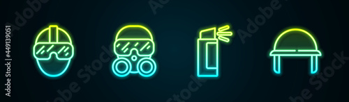 Set line Special forces soldier, Gas mask, Pepper spray and Military helmet. Glowing neon icon. Vector