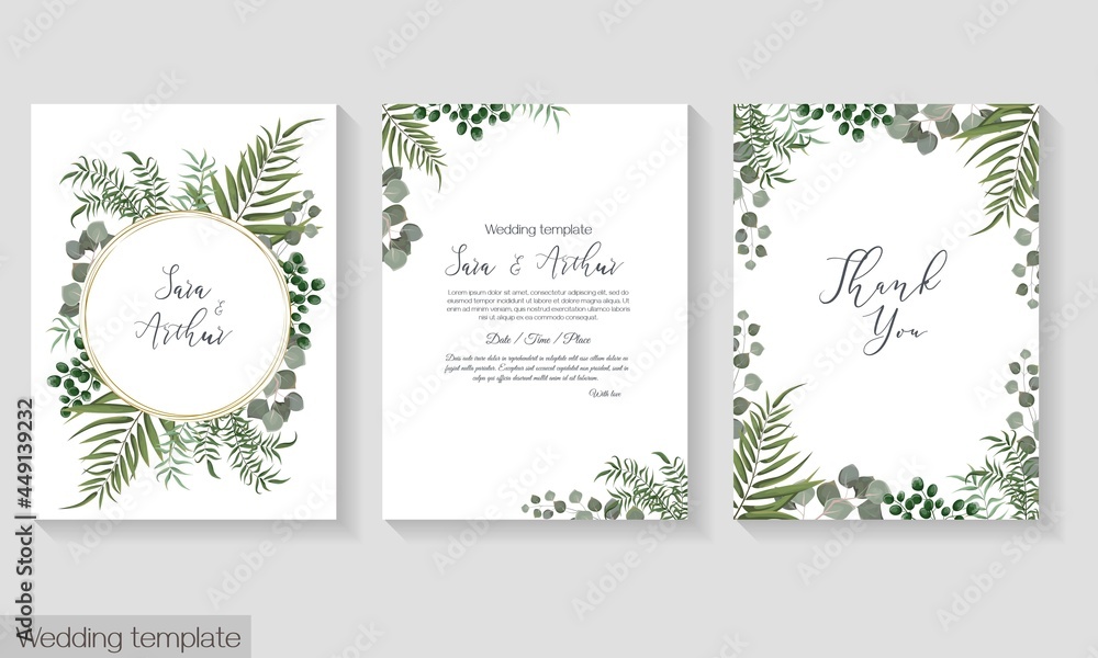 Vector herbal wedding invitation template. Different herbs, green plants and leaves, unripe berries, round gold frame. All elements can be isolated. 