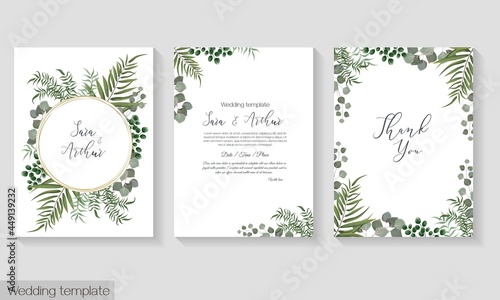 Vector herbal wedding invitation template. Different herbs  green plants and leaves  unripe berries  round gold frame. All elements can be isolated. 