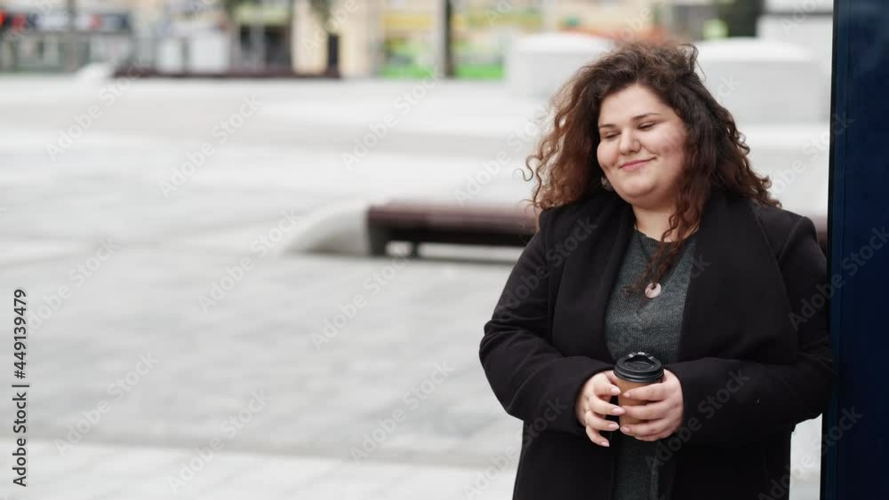 coffee break happy plus size woman enjoying walk coffee break happy plus size woman enjoying walk
