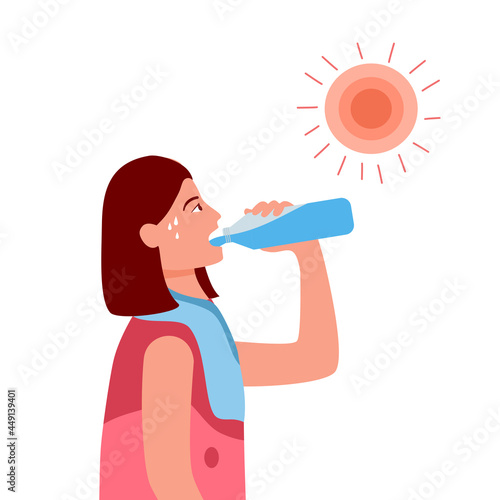 Woman suffering from heat and sweaty dehydration from strong sunlight. She drinking water for refreshing in flat design. Hot climate in summer.