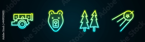 Set line Cannon, Bear head, Christmas tree and Satellite. Glowing neon icon. Vector