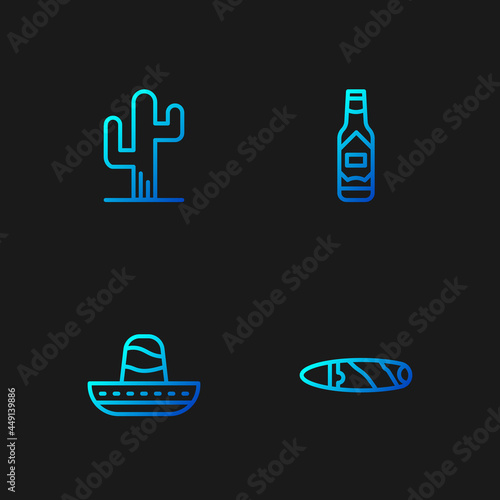 Set line Cigar, Mexican sombrero, Cactus and Tabasco sauce. Gradient color icons. Vector