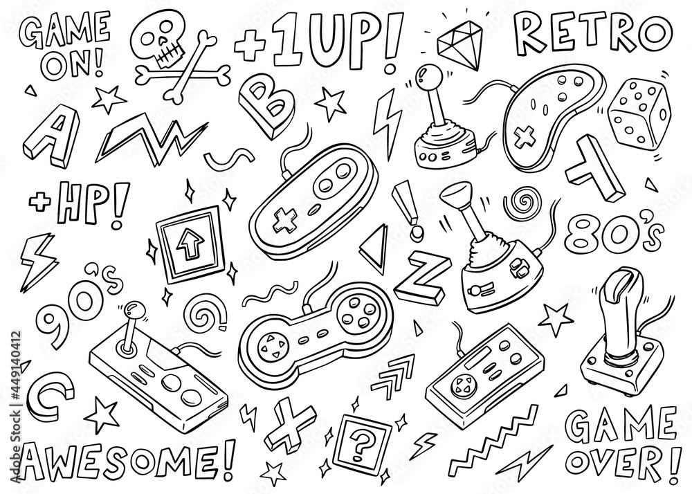 Video Games doodle collection. Hand drawn vector illustration set on isolated background Video Games doodle collection. Hand drawn vector illustration set on isolated background