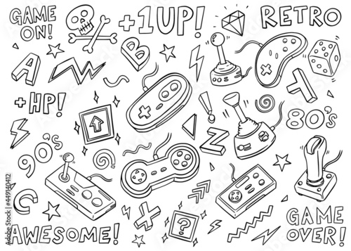 Video Games doodle collection. Hand drawn vector illustration set on isolated background