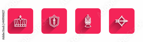 Set line King crown, Medieval shield with sword, iron helmet and bow and arrow with long shadow. Red square button. Vector