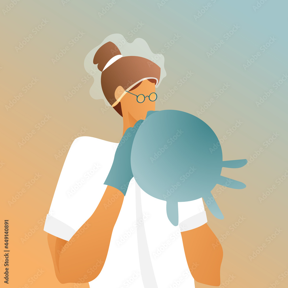 A doctor girl in a white coat inflates a glove to put it on comfortably. Nurse in a medical cap and glasses, flat design on a white background.