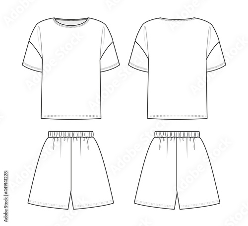 Fashion technical drawing of t-shirt and shorts. Fashion flat sketch of jersey pajamas