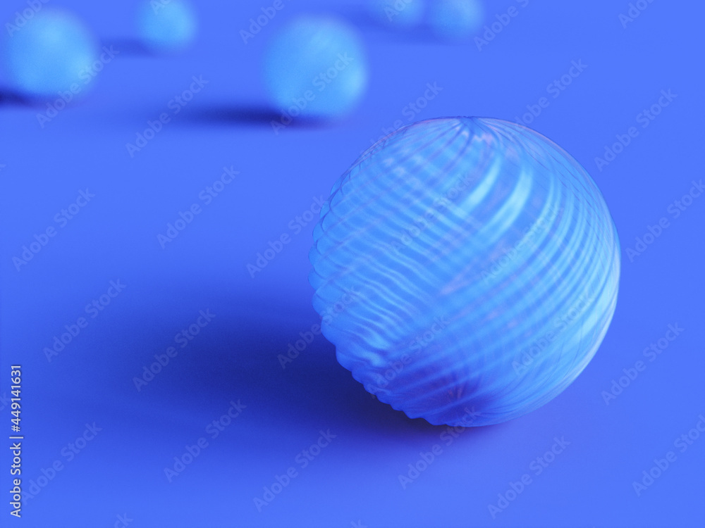 3D rendered textured spheres in blue colors. Illustration for curved lines, dynamic objects or futuristic background. Visualization for abstraction and spherical modeling.