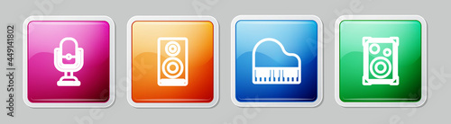 Set line Microphone, Stereo speaker, Grand piano and . Colorful square button. Vector