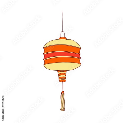 Chinese street paper lantern hanging on string. Festive collapsible Asian light for China holiday. Oriental fortune lamp. Drawn vector illustration of eastern ornament isolated on white background