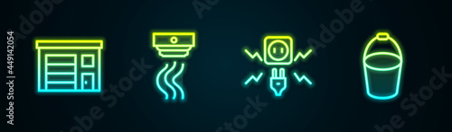 Set line Building of fire station, Smoke alarm system, Electricity spark and Fire bucket. Glowing neon icon. Vector