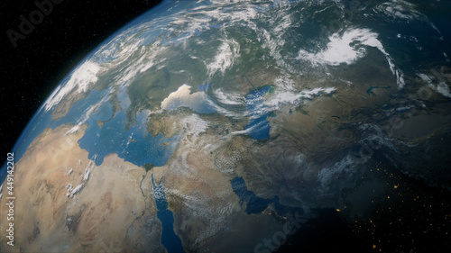 Earth in Space. Photorealistic 3D Render of the World, with views of Turkey and Middle East. Environment Concept. photo
