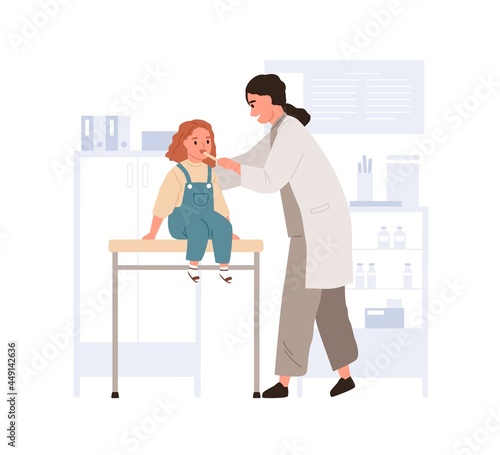Doctor taking throat swab from child for lab test. Kid at appointment in pediatrician office. Girl at medical checkup in hospital. Colored flat vector illustration isolated on white background