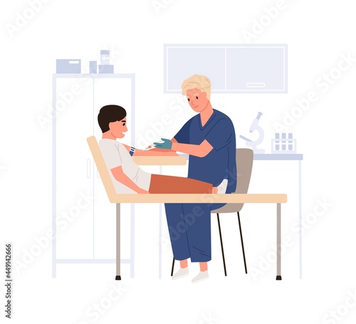Doctor collecting and drawing venous blood from child vein for lab test. Nurse doing intravenous sampling from kid for medical health analysis. Flat vector illustration isolated on white background