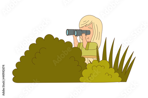 Little Girl Traveler on Safari Tour Sitting in Bush Watching Animal with Binocular Vector Illustration