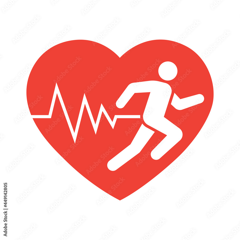 Running in heart strong with line ecg heartbeat icon, Healthy cardio pulse, Simple pictogram flat design symbol, Isolated on white background, Vector illustration Running in heart strong with line ecg heartbeat icon, Healthy cardio pulse, Simple pictogram flat design symbol, Isolated on white background, Vector illustration