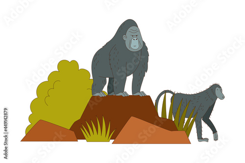 Gorilla Monkey as African Animal Sitting on Rock Vector Illustration