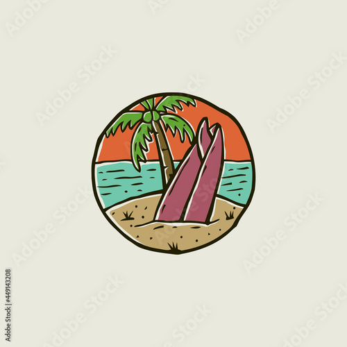 illustration of a island with trees and surf board, surf boad vestor illustration