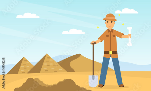 Man Archaeologist with Shovel Searching for Material Remains Vector Illustration