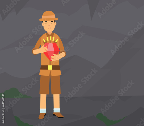 Man Archaeologist Holding Shiny Gem Searching for Material Remains Vector Illustration