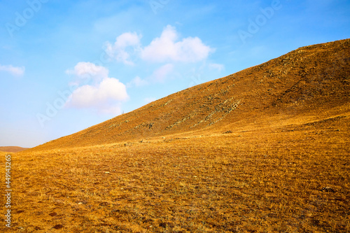 Nature landscape with golden hills with a blue sky with white clouds in a day or a evening