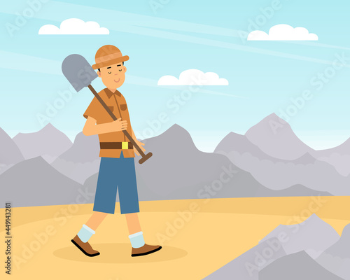 Man Archaeologist with Shovel Searching for Material Remains Vector Illustration