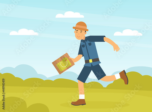 Man Archaeologist with Map Searching for Material Remains Vector Illustration