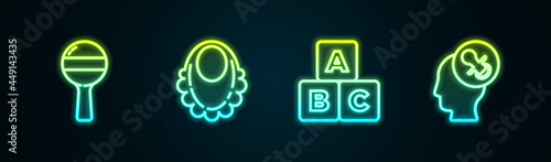 Set line Rattle baby toy, Baby bib, ABC blocks and dummy pacifier. Glowing neon icon. Vector