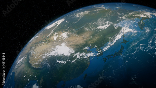 Earth in Space. Photorealistic 3D Render of the Planet, with views of Japan and Asia. Global Concept. photo