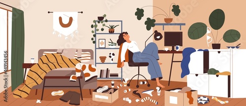 Lazy woman in messy and dirty room. Sluggish person with mess, litter and scattered stuff around. Disorder, clutter and chaos at home. Apathy concept. Flat vector illustration of untidy apartment