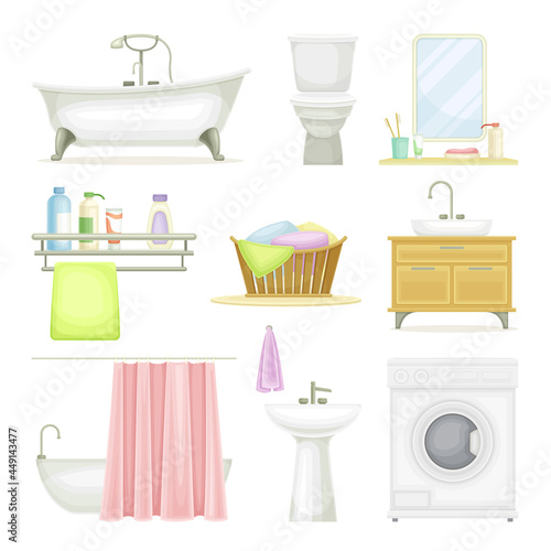 Bathroom or Washroom with Bathtub, Wash Basin and Mirror with Objects for Personal Hygiene Vector Set