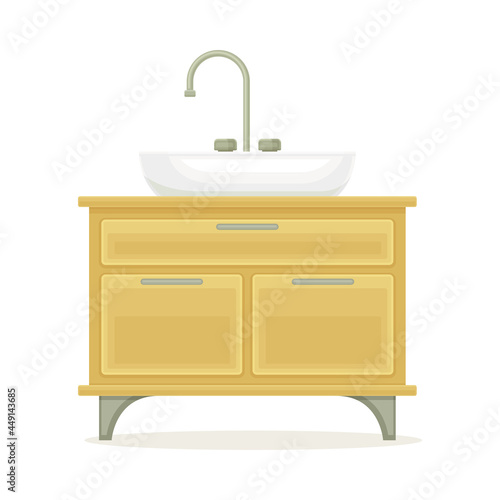 White Bathroom Sink Basin with Tap and Drawer Isolated on White Background Vector Illustration