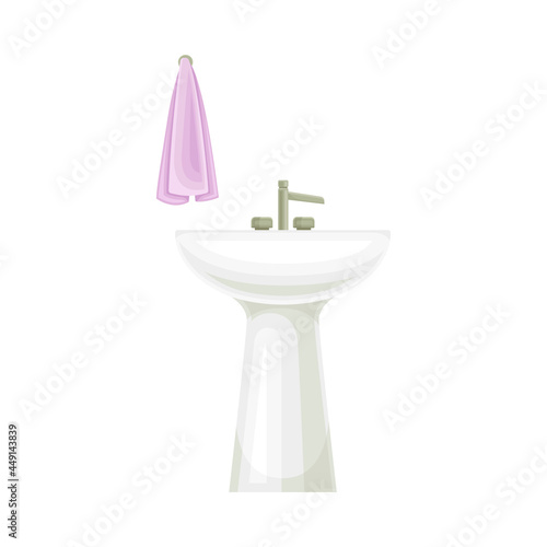 White Bathroom Sink Basin with Tap and Hanging Towel Vector Illustration