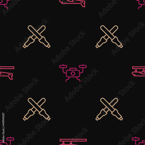 Set line Plane, Marshalling wands and Drone flying on seamless pattern. Vector